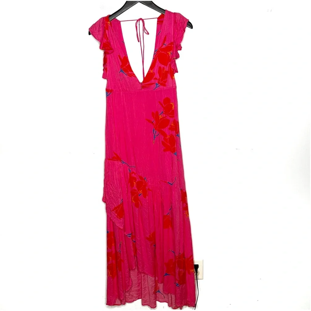 Free People She's a Waterfall Hot Pink Floral Print Ruffled Maxi Dress Size 6